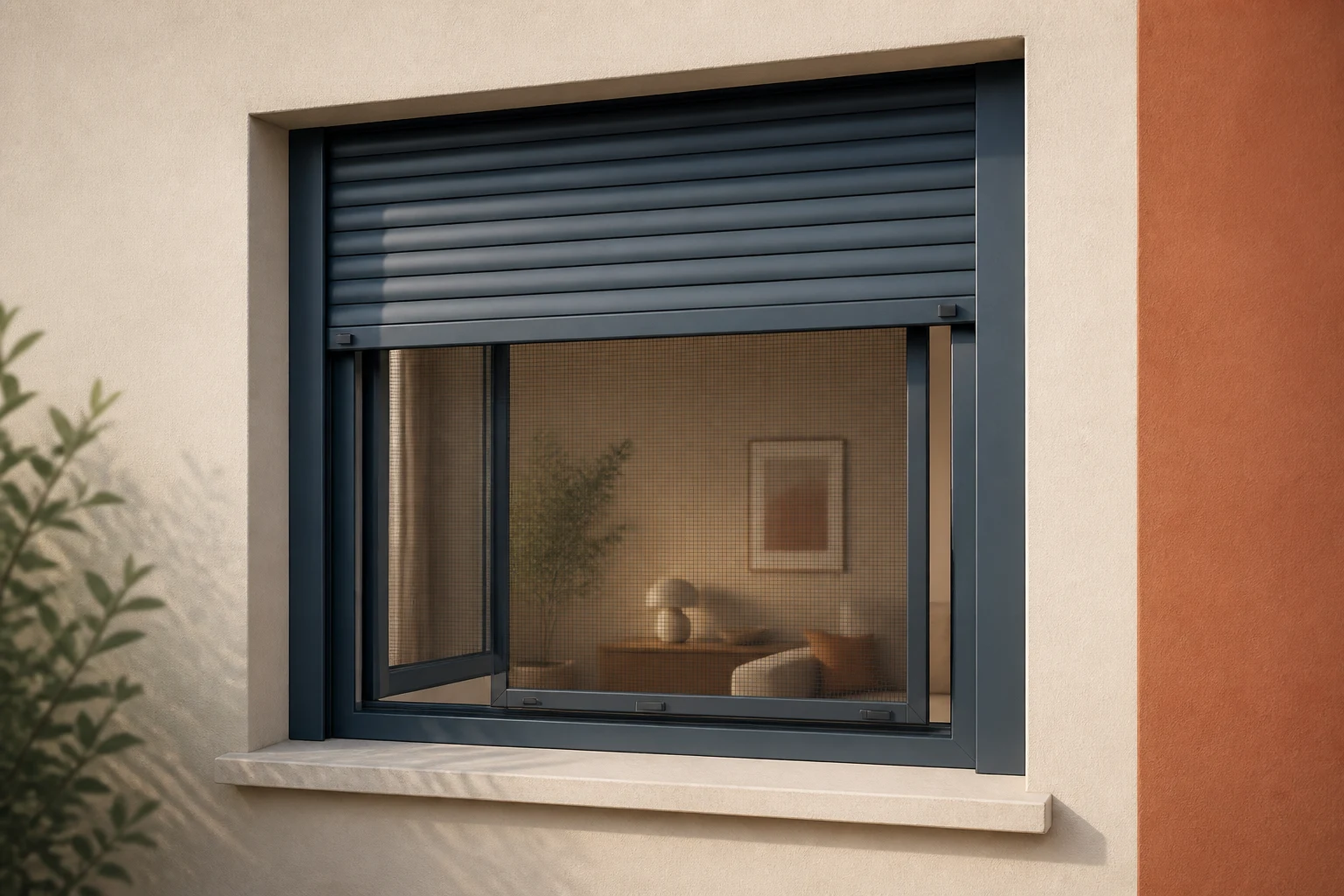 Illustrative Darstellung zum Ratgeberthema Rollladen mit Insektenschutz: Kombination am Fenster planen