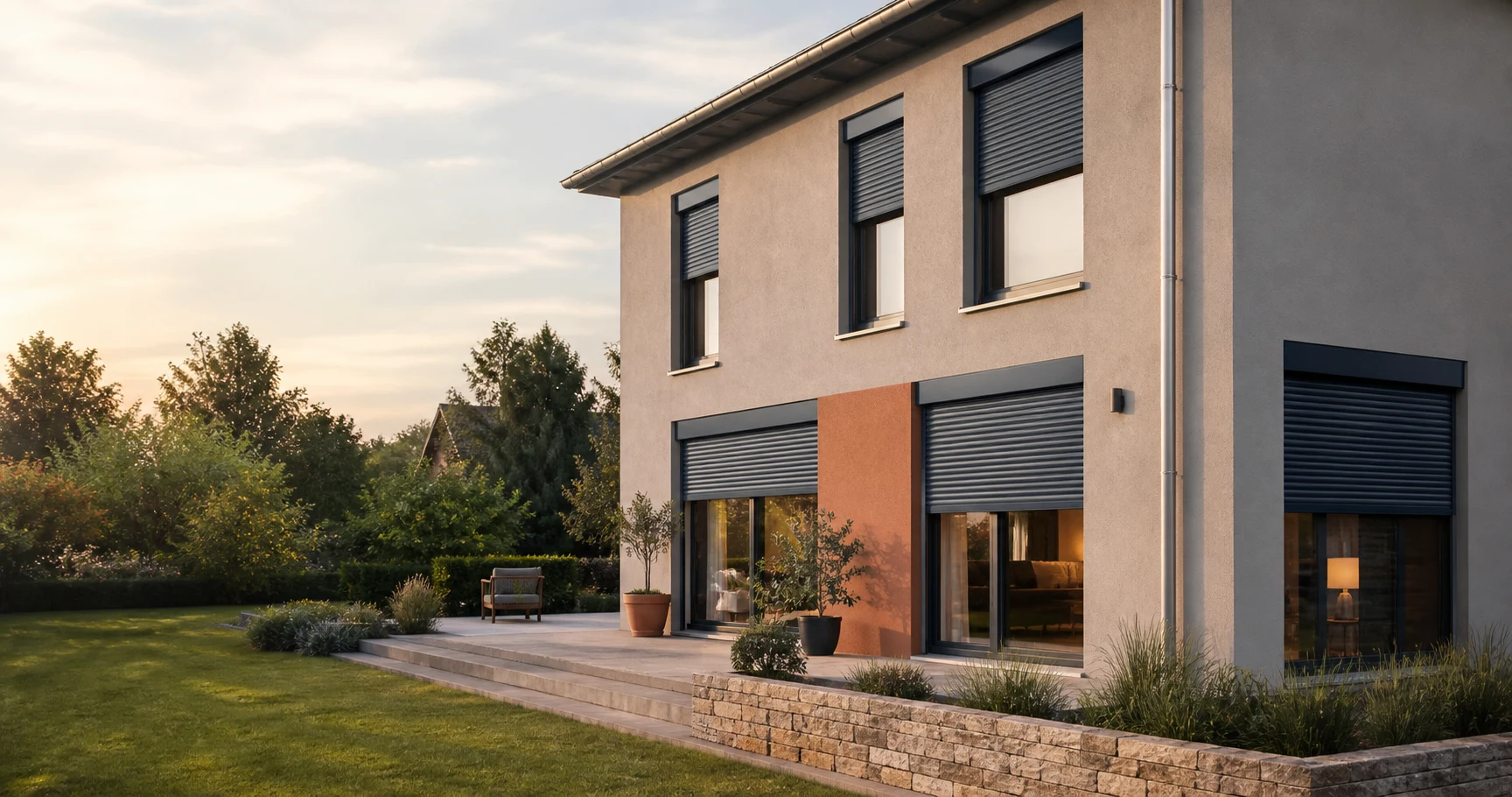 Modernes Wohnhaus mit außenliegenden Rollläden an großen Fenstern